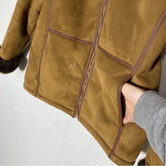 Vintage Lady Hathaway Tan Brown Faux Suede Zip Front Jacket W Faux Fur Collar M - Picture 9 of 16